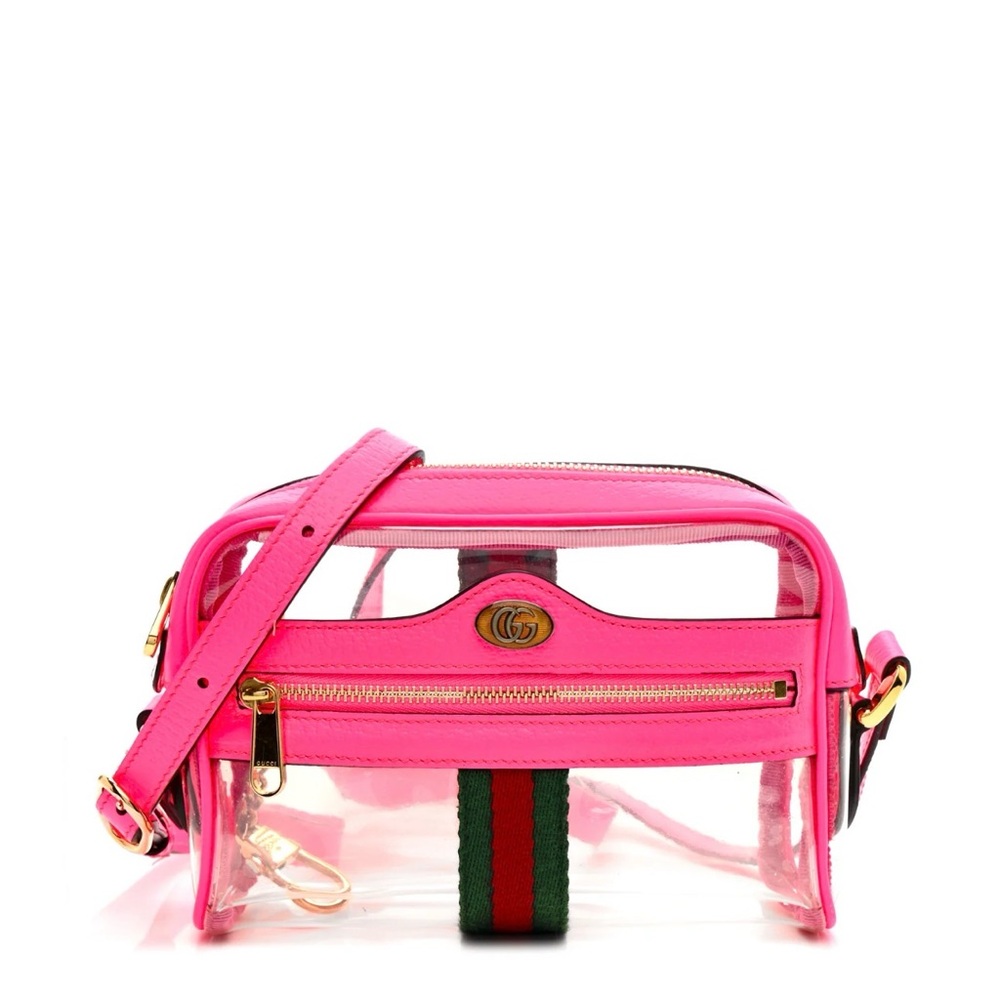 GUCCI Vinyl Web Mini Ophidia Transparent Shoulder Bag Fluorescent Fuchsia